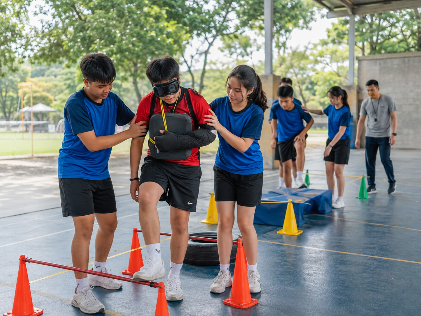 Caught in the Middle concept visualisation of two teammates guiding a blindfolded player over an outdoor course
