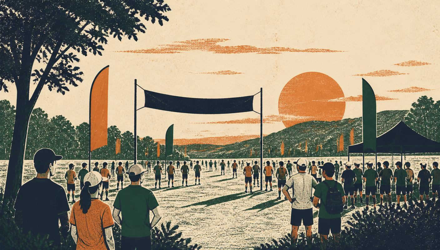 Illustration of a crowd gathered on a field for a one-day event at sunset.