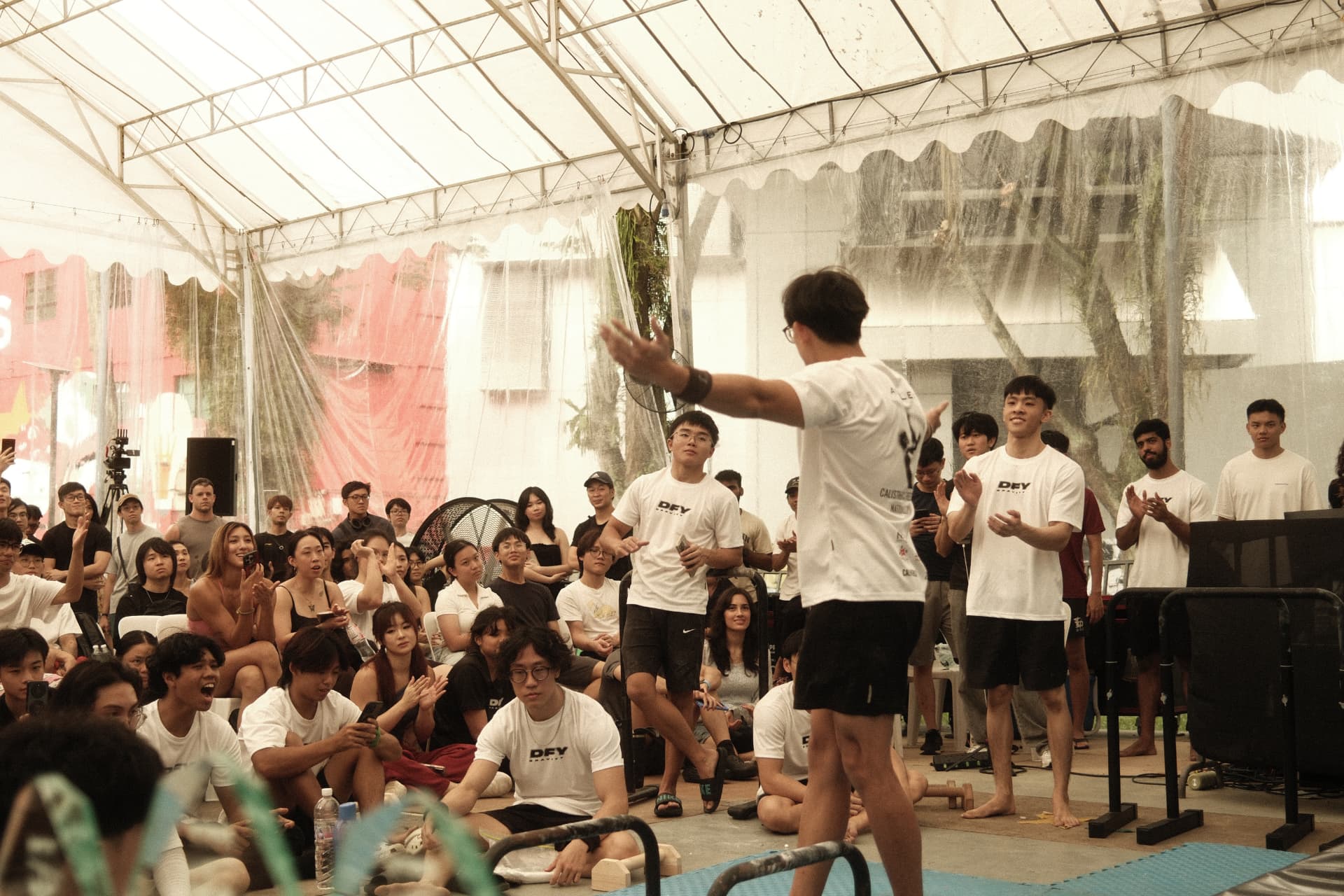 A Defy Gravity gathering in Singapore, athletes and spectators sharing one space