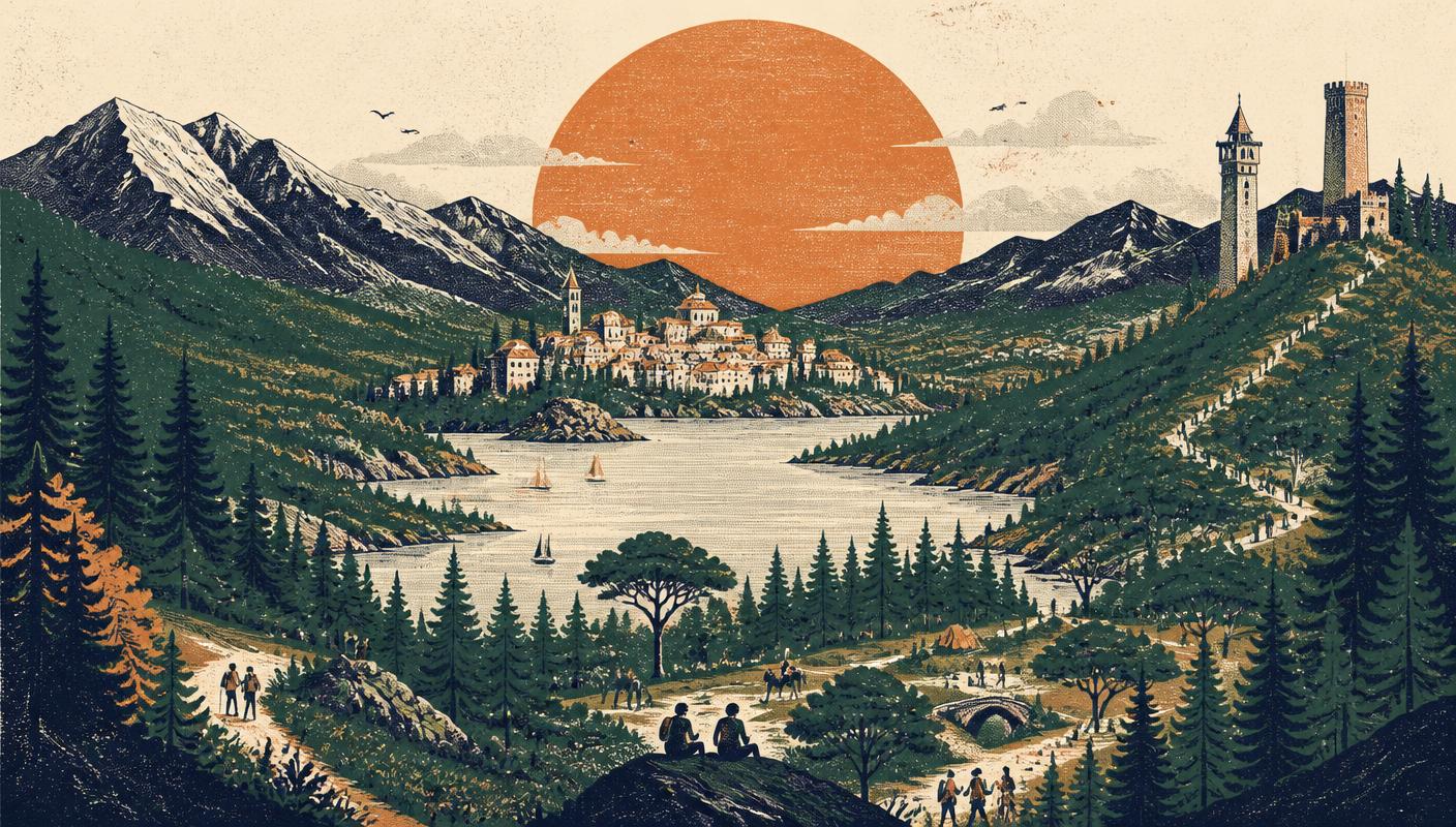 Illustration of a whole landscape — forest, lake, town and towers — woven into one living world.