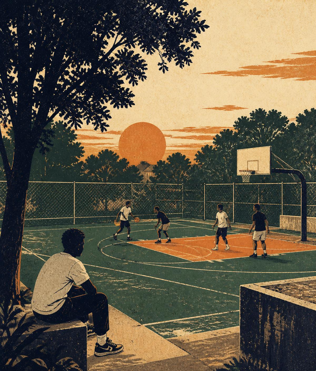 Illustration of a neighbourhood basketball court at dusk with a low copper sun and figures playing.