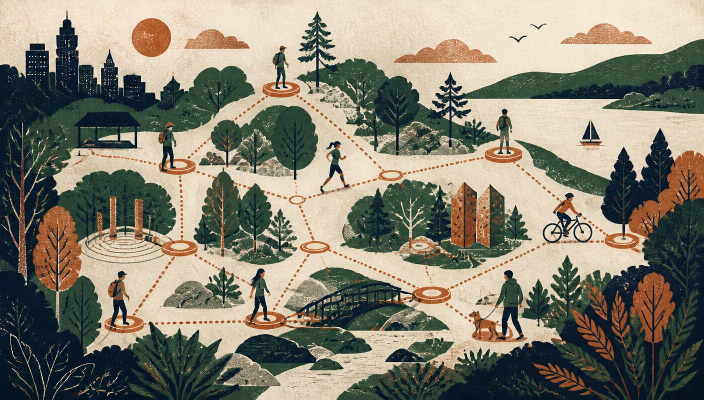 Illustration of a park district mapped with trails and checkpoints linking people together.