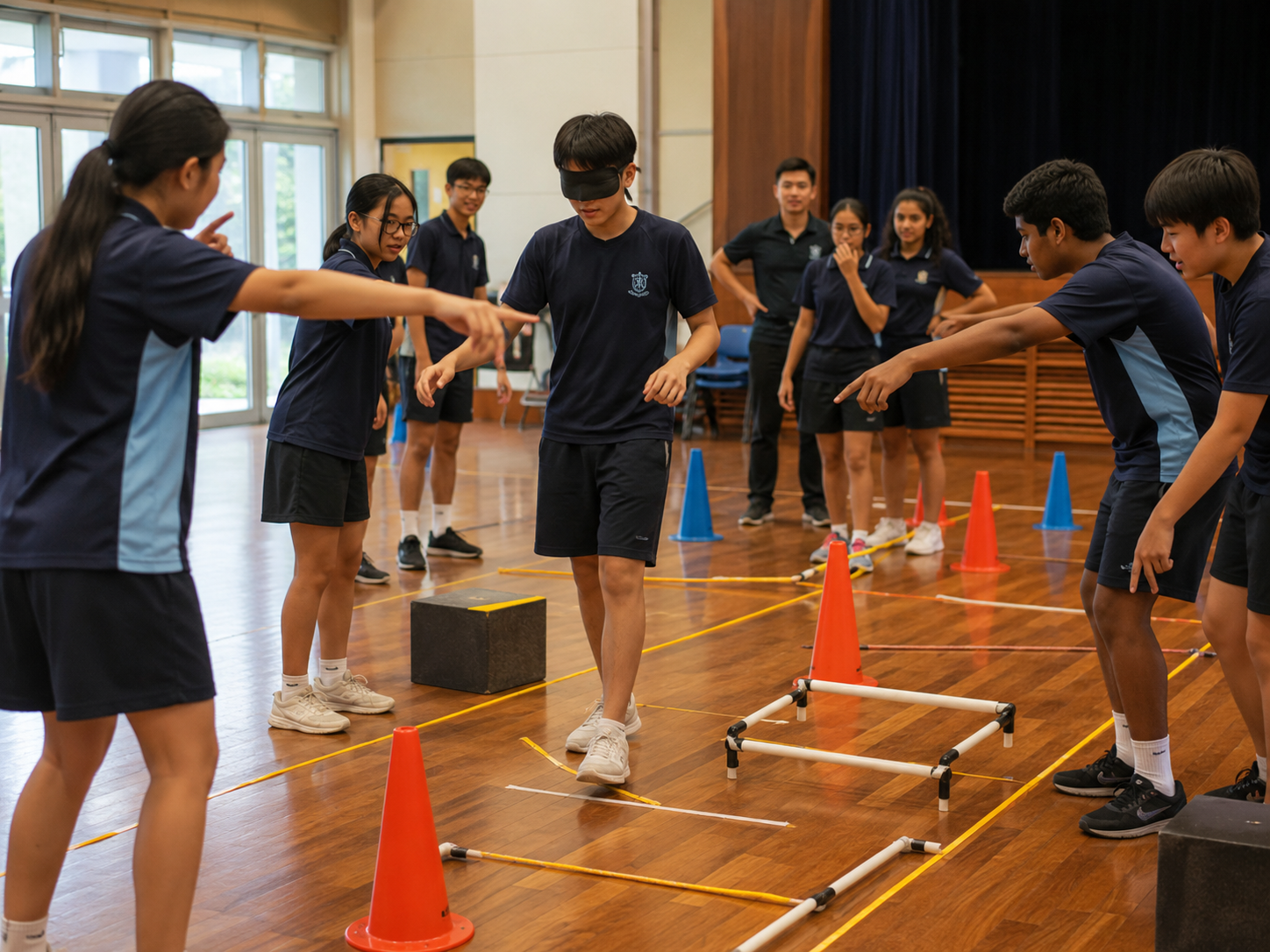 Students guiding a blindfolded classmate through a taped course in a school hall.