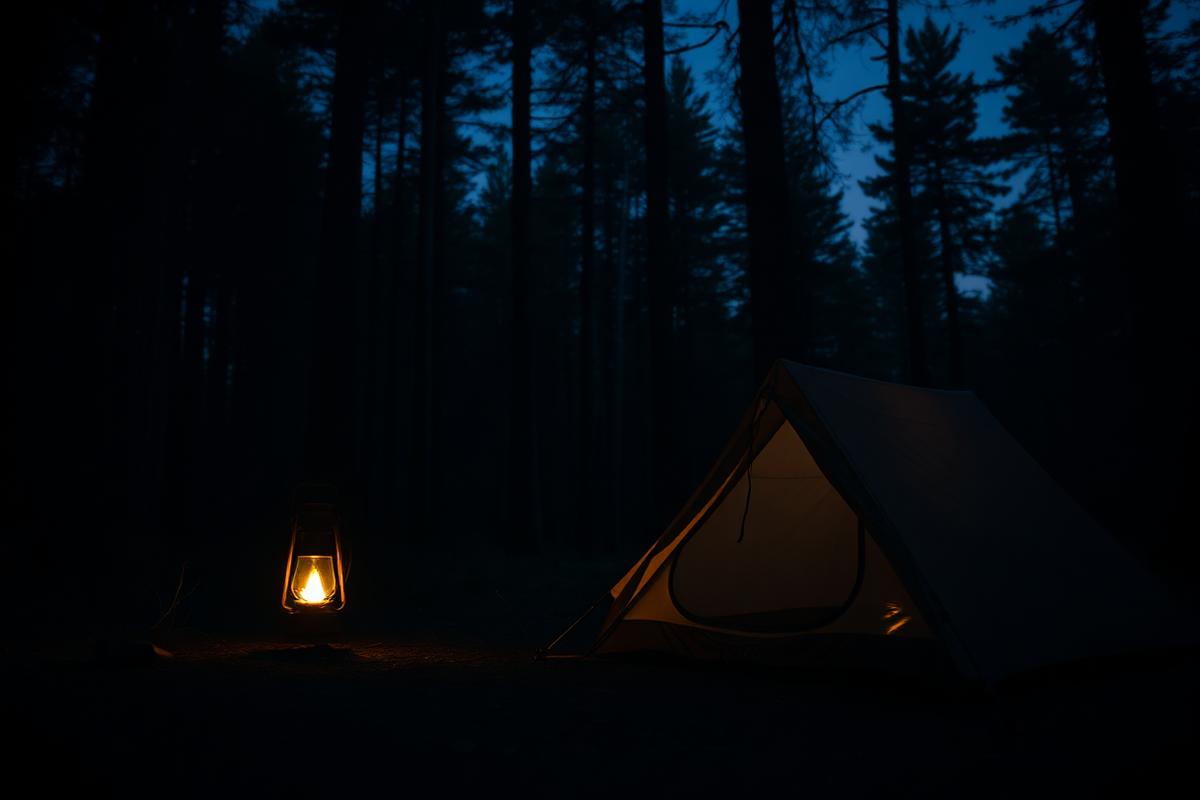 Campsite lantern in a dark forest