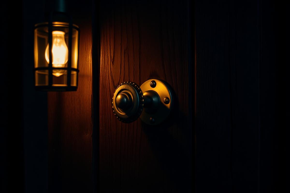 Brass door handle lit by a lantern