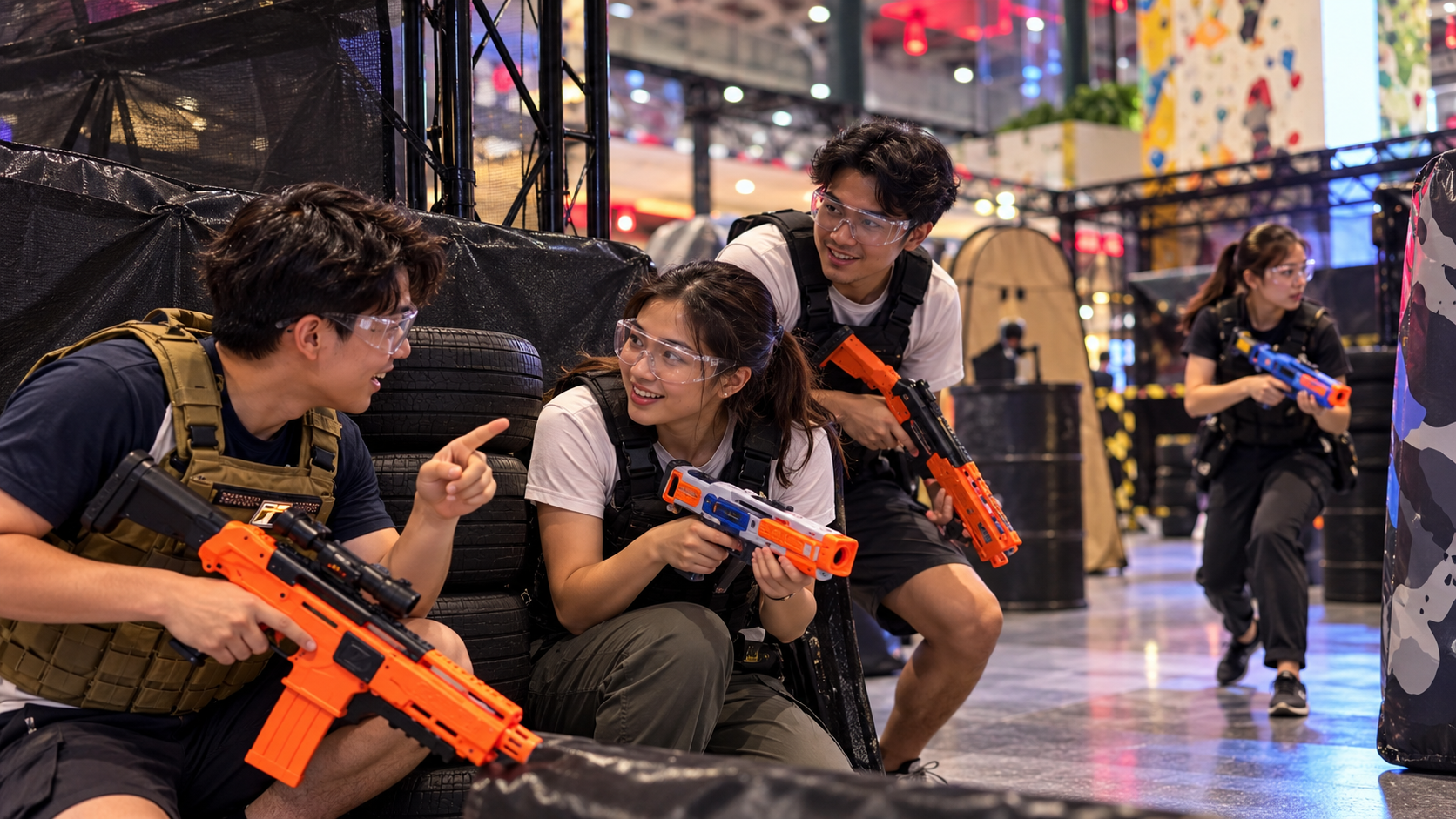 A team of colleagues coordinating their next move during an arena challenge.