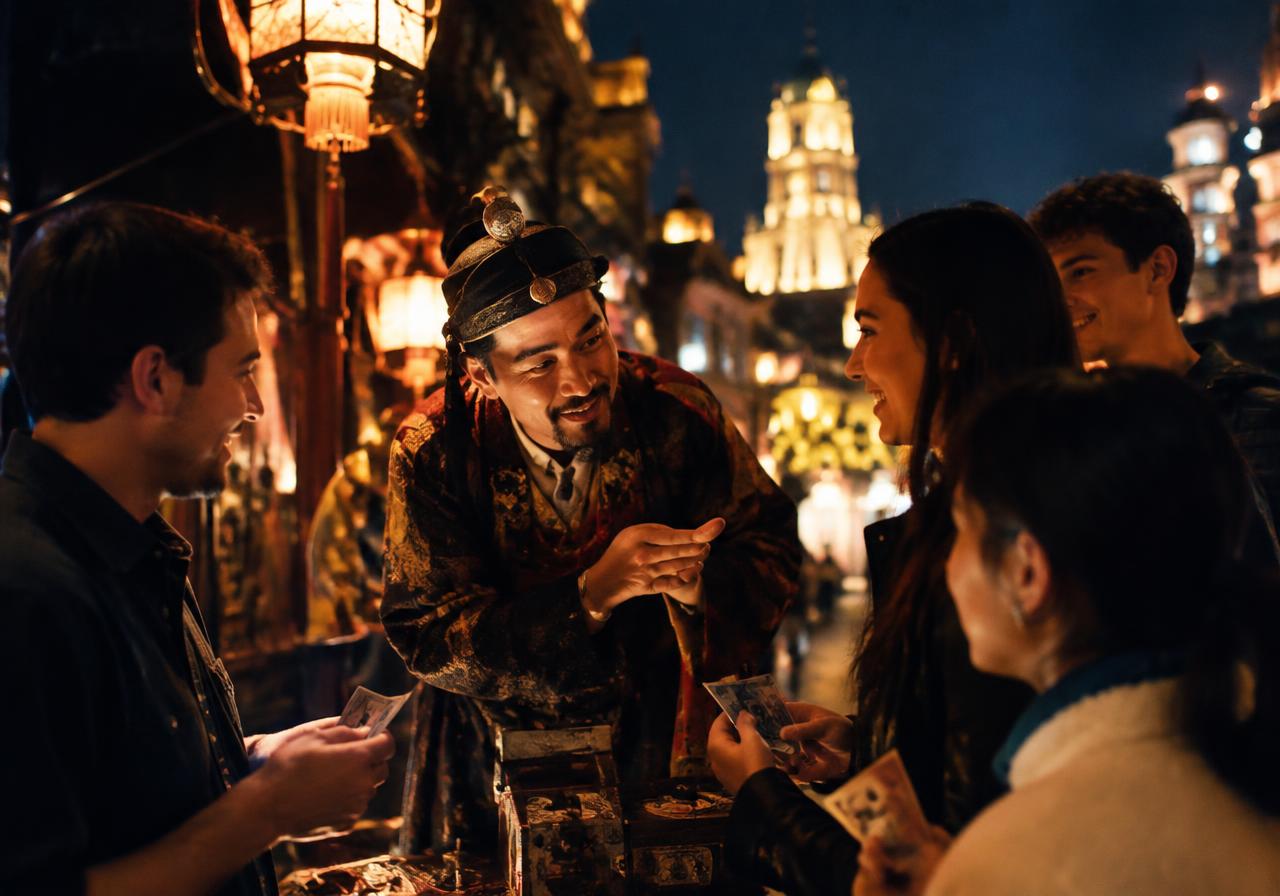 Concept visual: a costumed character bargaining playfully with a group