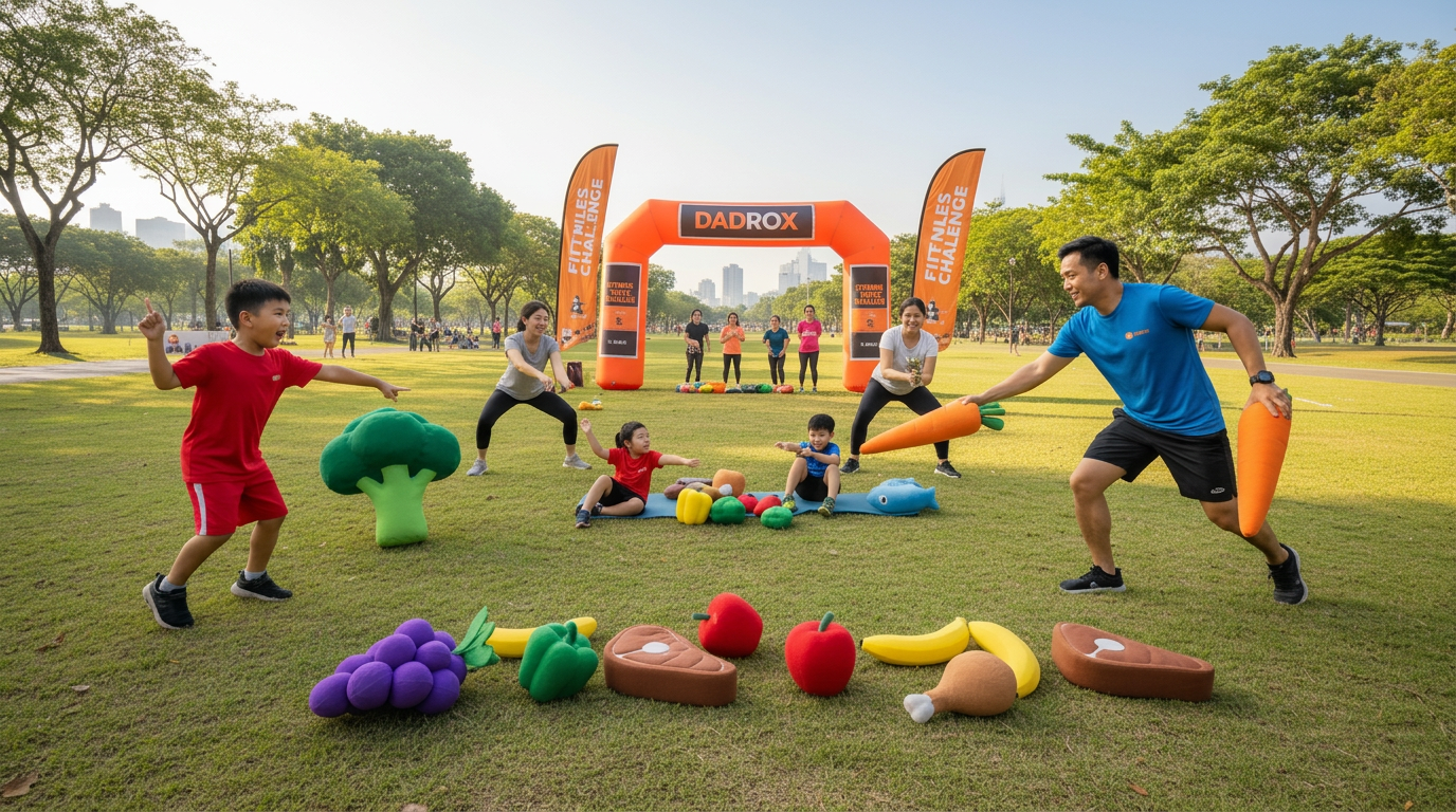 Families in a park playing a food-sorting movement game with oversized plush food props