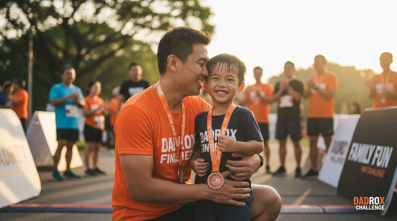A father and his young son hugging at the finish line of a family fitness challenge.