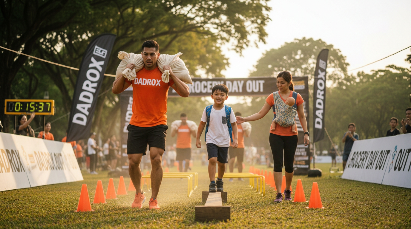 A father carrying sandbags along a park course while his son balances on a beam beside him