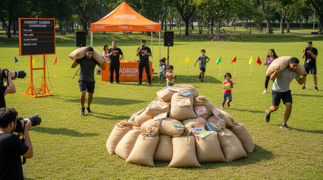 Adults racing across a field carrying sandbags towards a pile of tagged sacks while families cheer