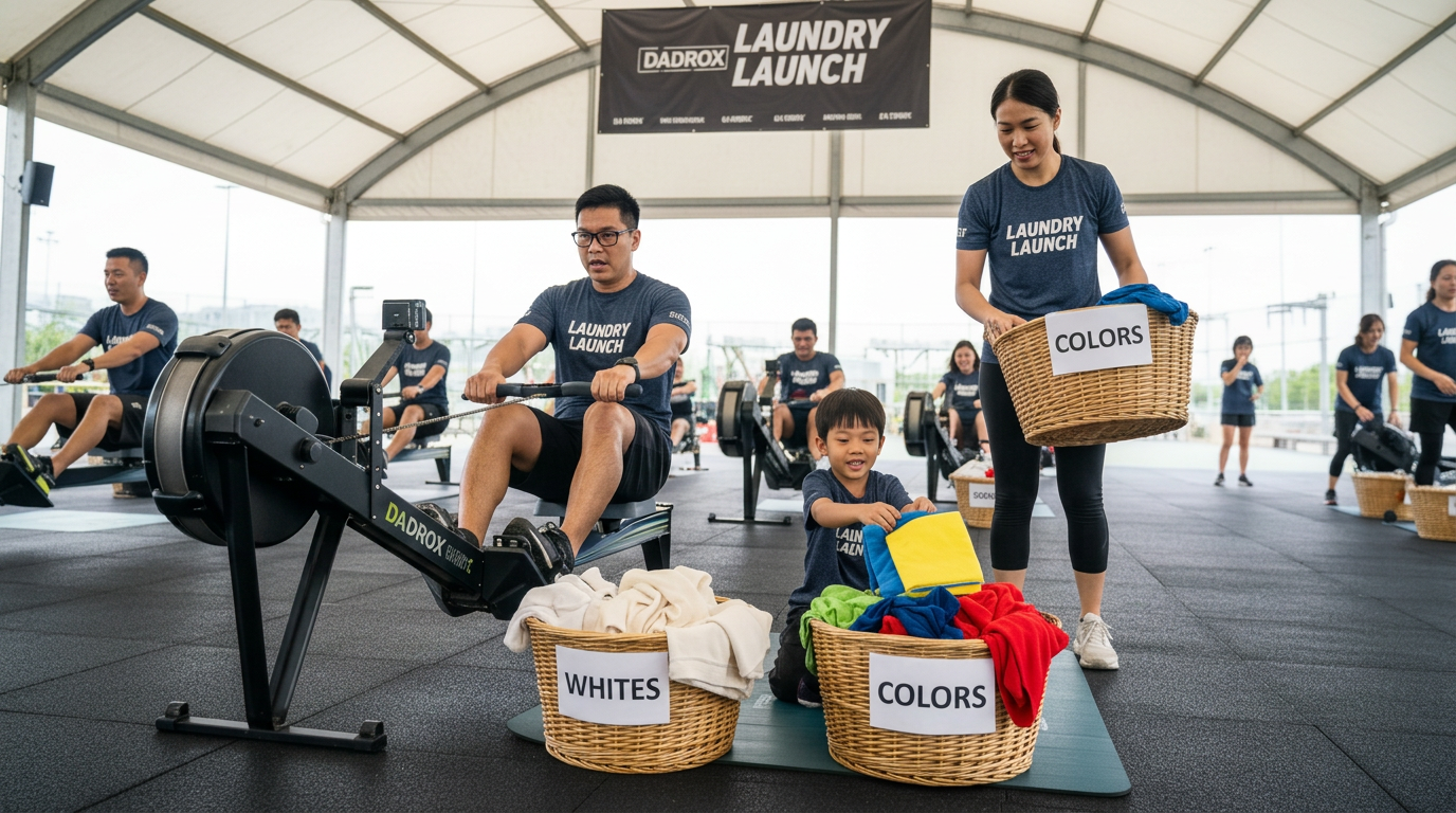 A father rowing while his child sorts coloured laundry into baskets beside him