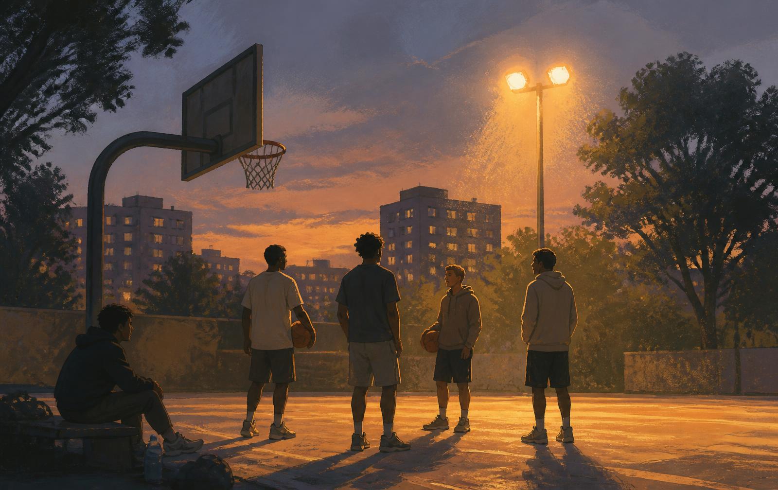 Friends gathering on a neighbourhood court at evening under a warm floodlight.
