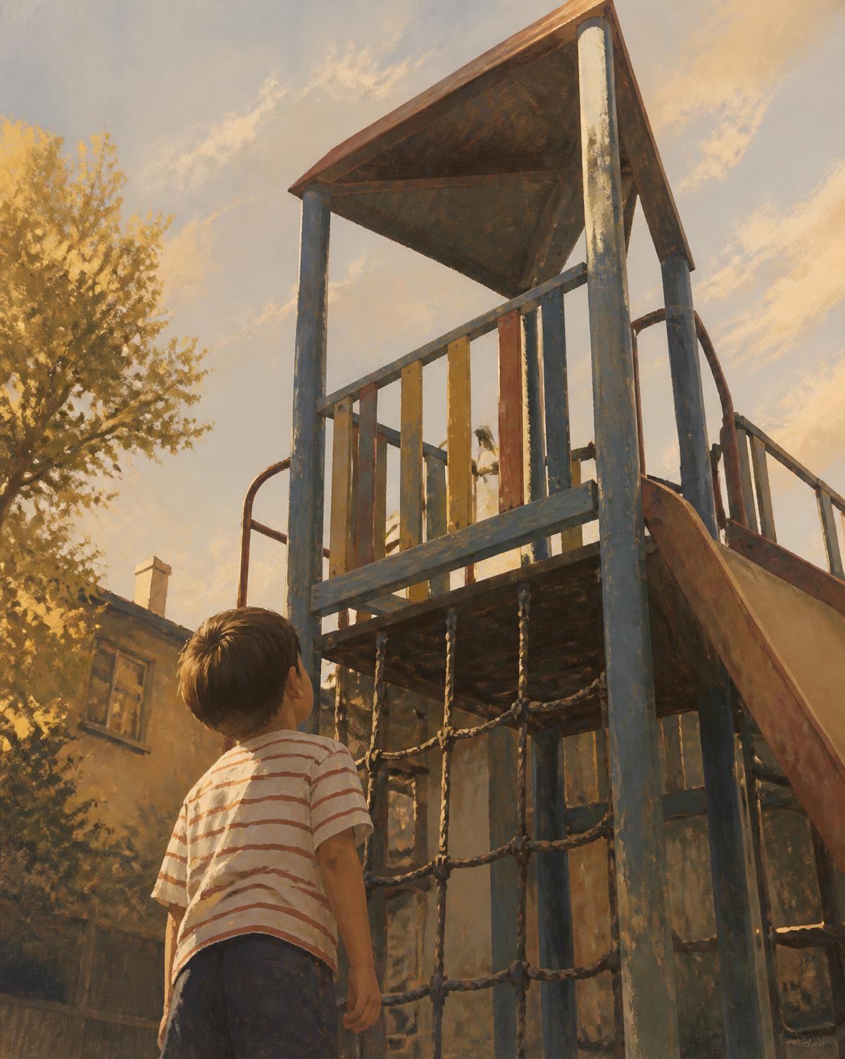 A child looking up at an old neighbourhood playground in late afternoon light.