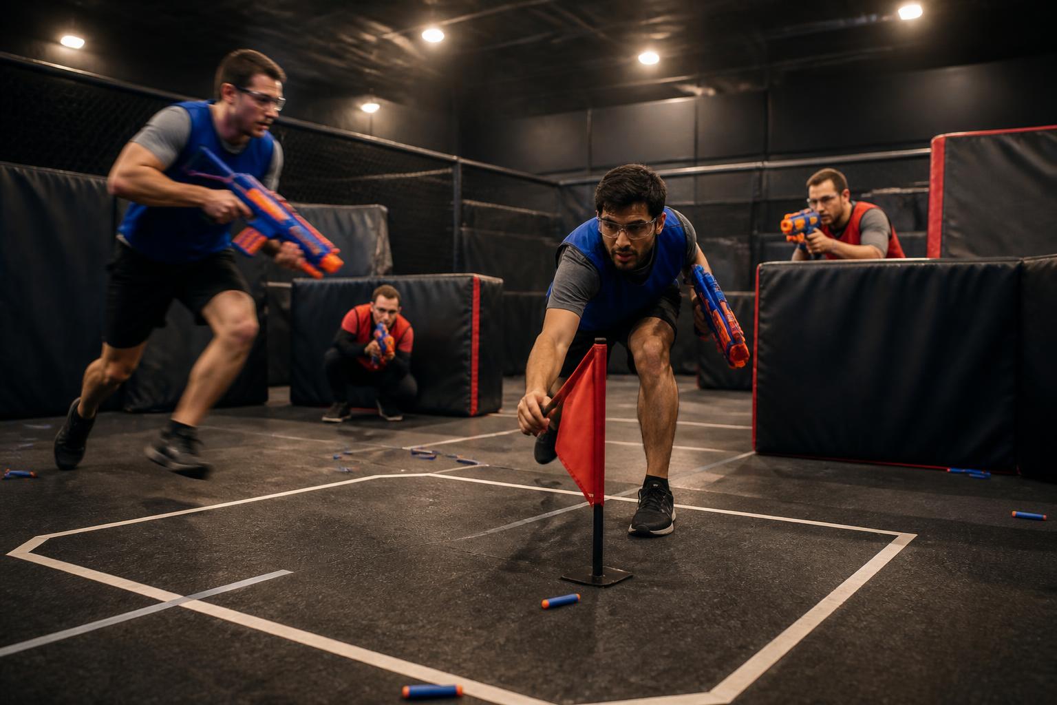 Teammates covering each other during a capture-the-flag nerf battle.